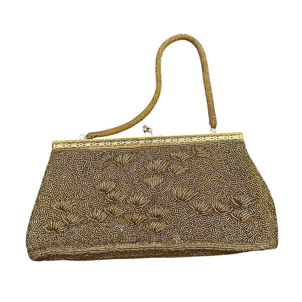 Vintage Women's Gold Seed Beaded Strap Clutch Purse